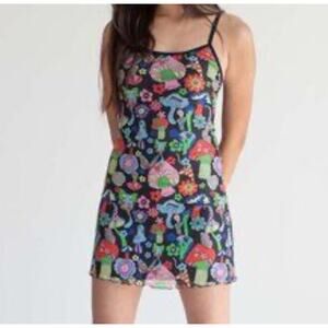 WoWo Mushroom Graphic Mini Dress Mesh Overlay Psychedelic Retro XS